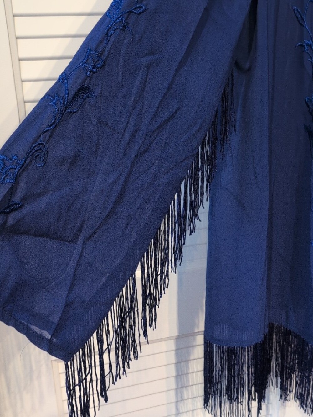 Forgotten Grace Embroidered Fringe Open-Front Shawl Shrug - Navy Size XL - Picture 3 of 7